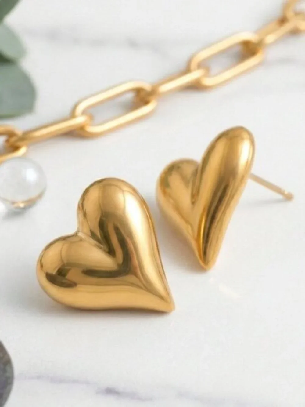 18k Gold Plated SS Puffy Heart Layered Necklace and Stud Earring Set Gold
